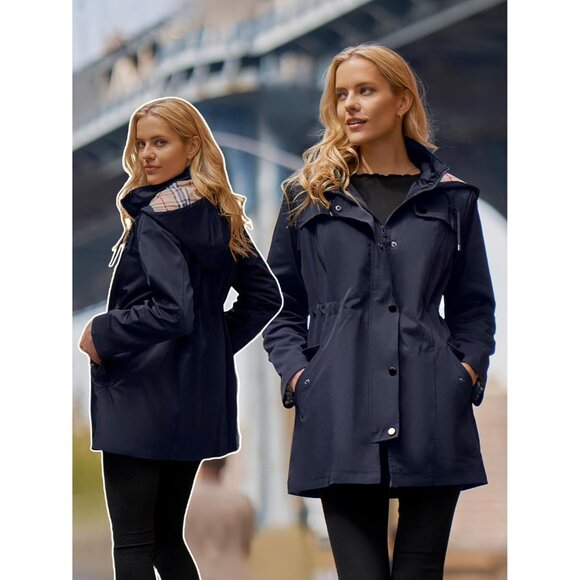 SaphiRose Women Navy Blue Waterproof Rain Long Lined Outdoor Raincoat with Hood - Picture 4 of 7